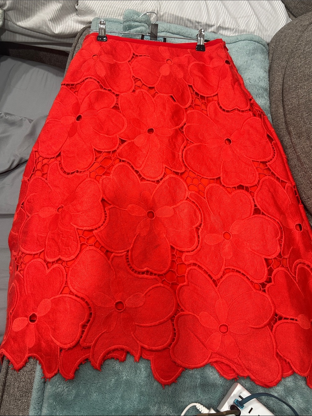 Cynthia Rowley Red Floral Cutout A-Line Skirt,super heavy